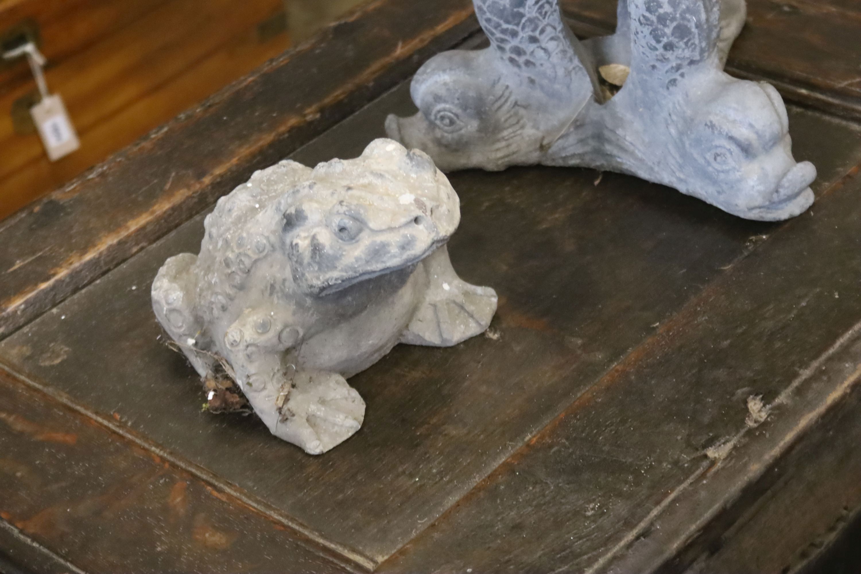 A cast lead scallop shell and figural bird bath, height 60cm, together with a cast lead frog garden ornament